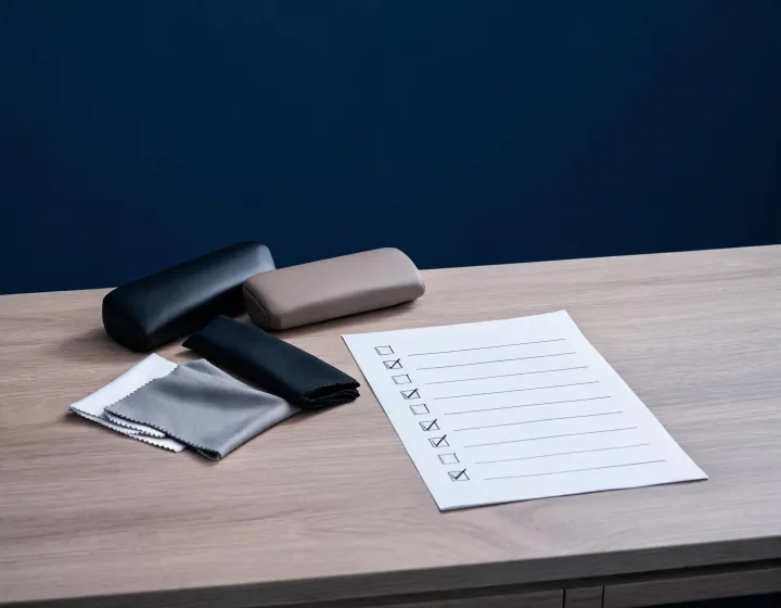 Reading glasses accessories brief checklist on a sourcing desk